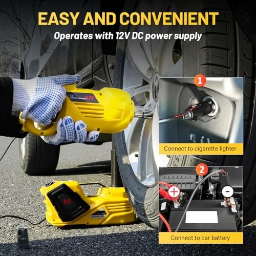 Person using a yellow 12V electric tire inflator connected to car tire with power supply options.