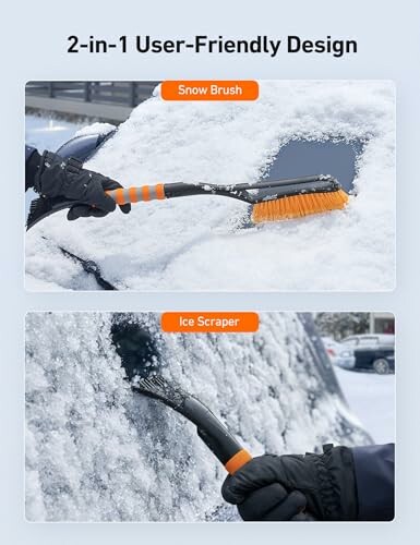 2-in-1 snow brush and ice scraper in use on a car.