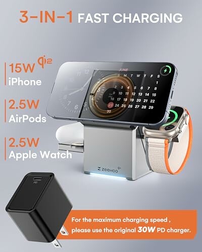 3-in-1 charging station for iPhone, AirPods, and Apple Watch.