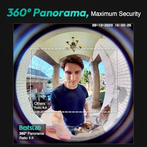 Fish-eye view from a security camera showing a person and a dog at a doorway.