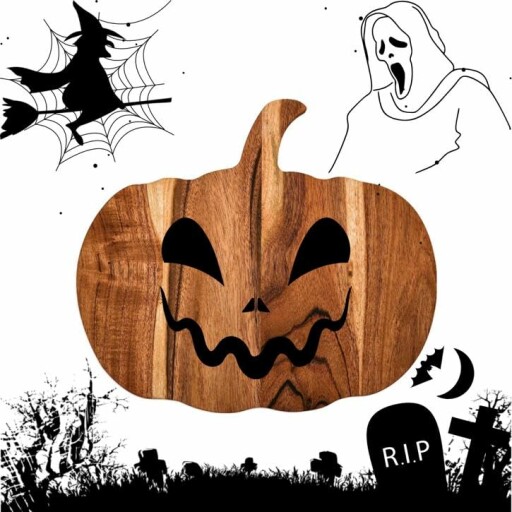 Decorative pumpkin cutting board with fruits and cheese.
