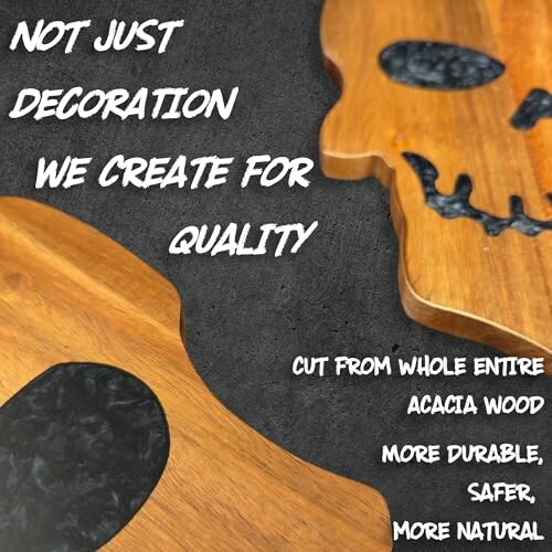Acacia wood cutting board with skull design and quality message.