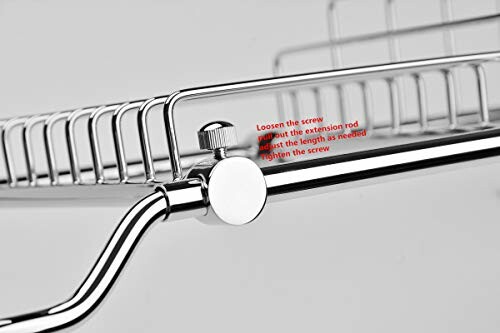 Close-up of an adjustable chrome shelf bracket with instructions