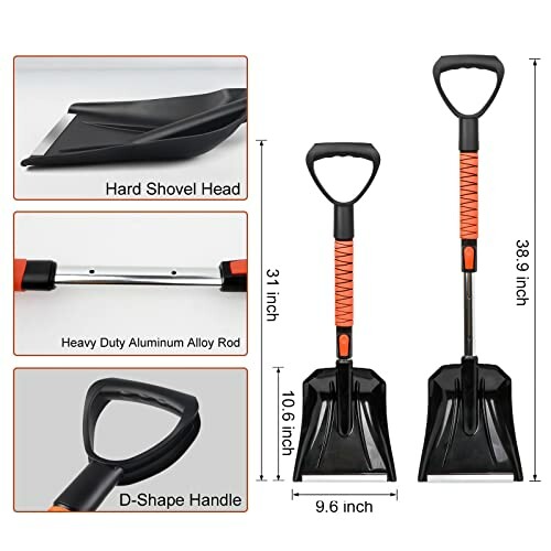 Adjustable snow shovel with aluminum alloy rod, hard shovel head, and D-shape handle.