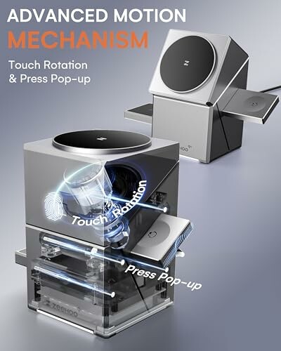 Two advanced motion mechanism devices with touch rotation and press pop-up features.