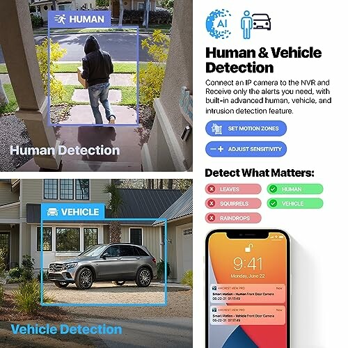 AI system detects human and vehicle, featuring person on porch and car in driveway.