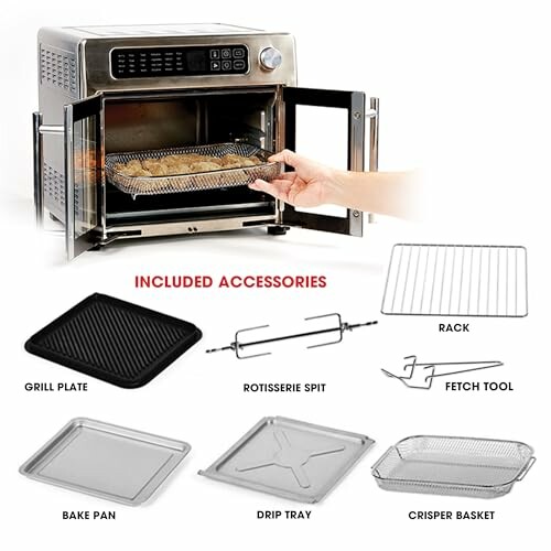 Air fryer oven with accessories including grill plate, rotisserie spit, bake pan, drip tray, crisper basket, and rack.