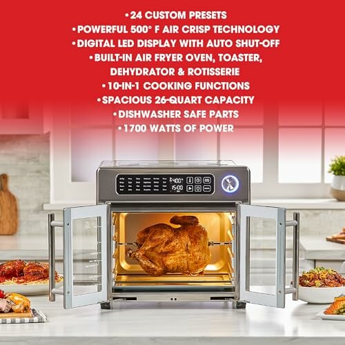 Air fryer oven with 24 custom presets and a cooked chicken inside.