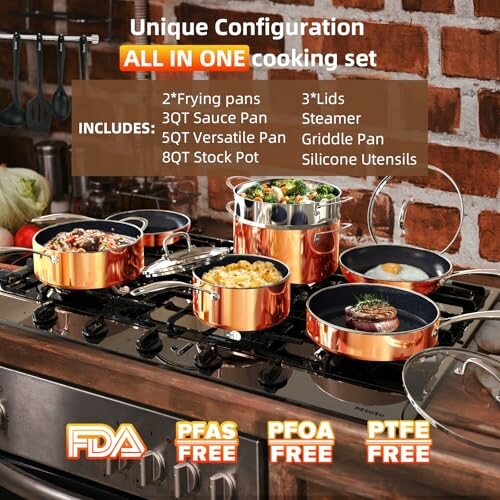 Copper cooking set on stove with various pots and pans, includes frying pans, sauce pan, versatile pan, stock pot, lids, steamer, griddle pan, and silicone utensils.