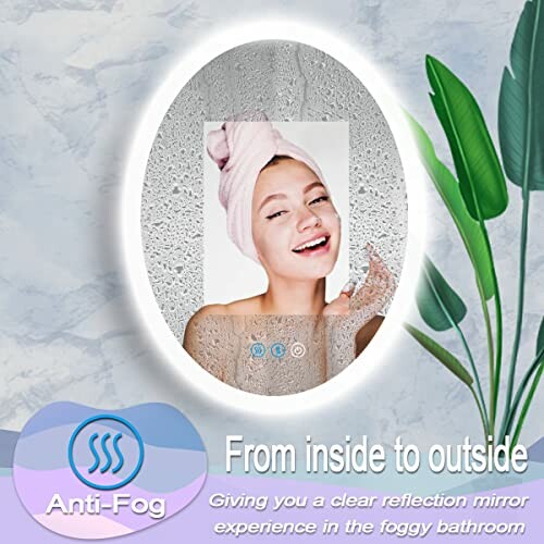 Anti-fog bathroom mirror with a woman wiping it