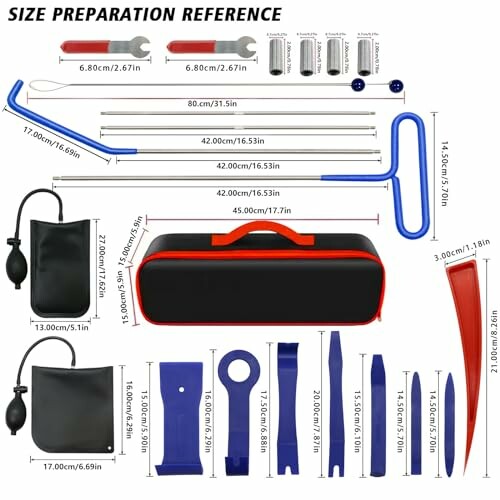 Car repair tool kit with size references for each tool.