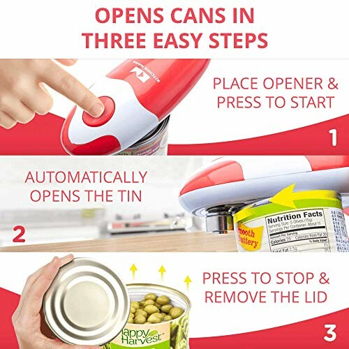 Three-step process for using an automatic can opener: press to start, opens tin, and press to stop and remove lid.
