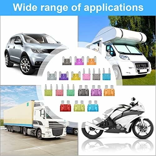 Automotive fuses with various vehicles including car, RV, truck, and motorcycle.