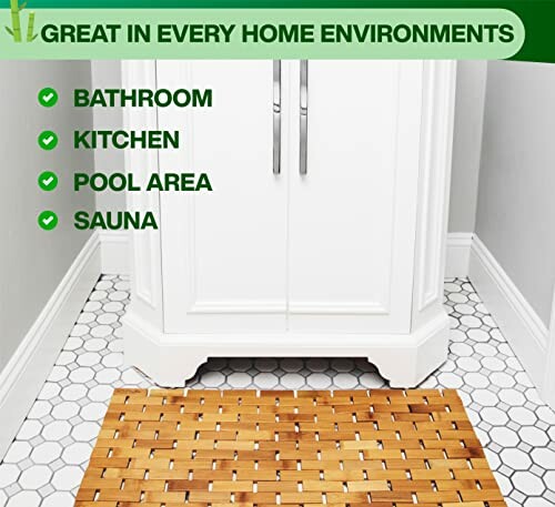 Bamboo bath mat in front of white cabinet for home environments.