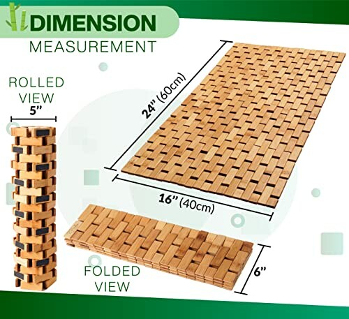 Dimensions of a bamboo table runner showing rolled and folded views.