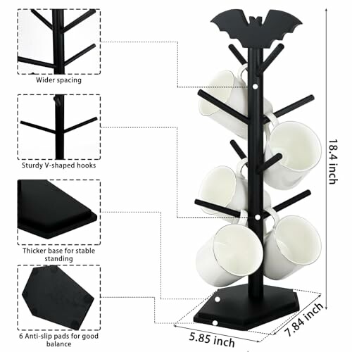 Bat-shaped mug tree holder with cups and dimensions.