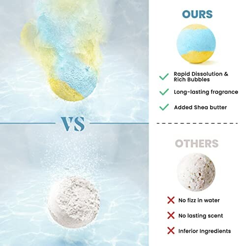 Comparison of bath bombs with benefits listed for 'Ours' and drawbacks for 'Others'.