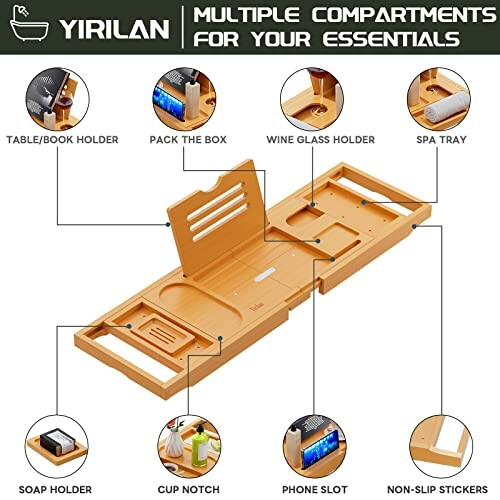 Bamboo bath caddy tray with multiple compartments for essentials.