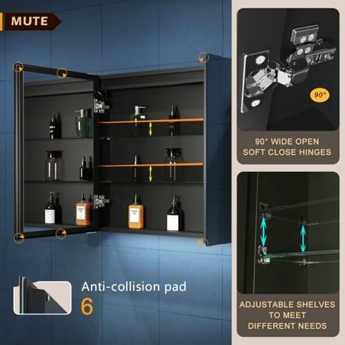 Wall-mounted bathroom cabinet with mirror, featuring soft close hinges and adjustable shelves.