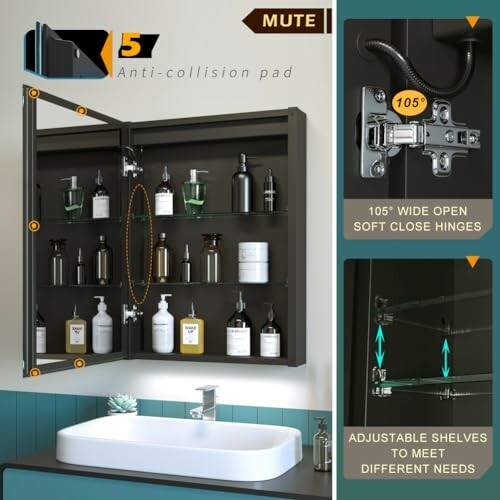 Bathroom cabinet with open doors showing shelves and soft close hinges.