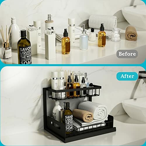Bathroom counter before and after organization, featuring a storage rack with toiletries.