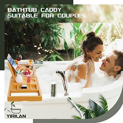 Couple enjoying a bathtub with a wooden caddy holding items like a wine glass, book, and candles.