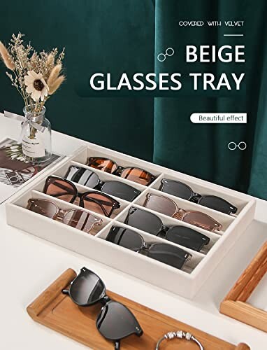 Beige glasses tray with assorted sunglasses and decorative elements