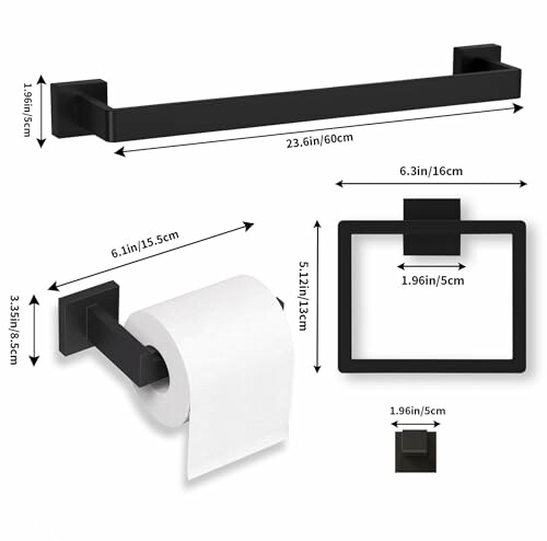 Black bathroom hardware set with towel bar, toilet paper holder, and towel ring.