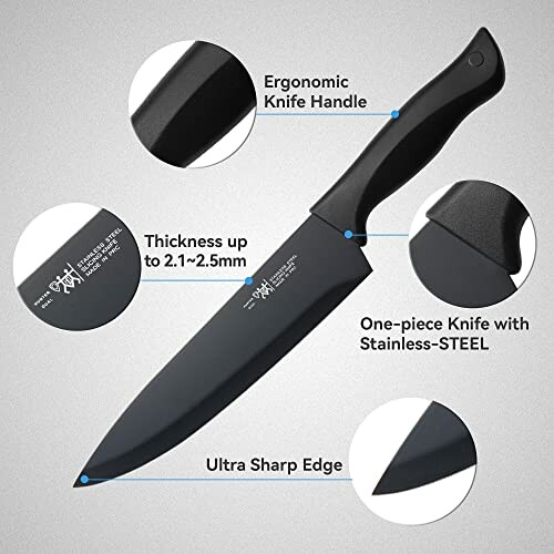 Black chef knife with ergonomic handle, stainless steel, ultra sharp edge, 2.1~2.5mm thickness.