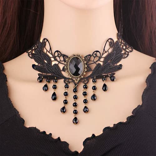 Gothic choker necklace with black beads and lace design