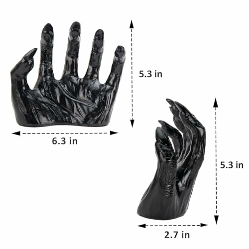 Black hand-shaped decorative bookends with dimensions.