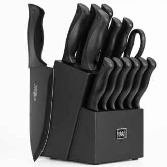 Black knife set with block and scissors.