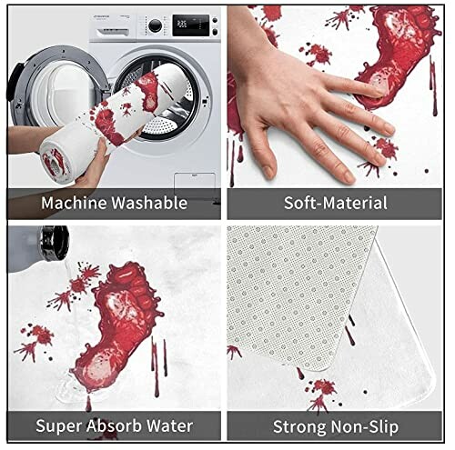 Bath mat with bloody footprint design, features include machine washable, soft material, super absorbent, strong non-slip.