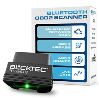 Bluetooth OBD2 scanner with packaging highlighting features like all system network scan, SRS & airbags, ABS & brakes, and live data.