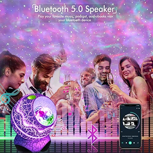 Group of people enjoying a party with a Bluetooth 5.0 speaker and colorful lights.