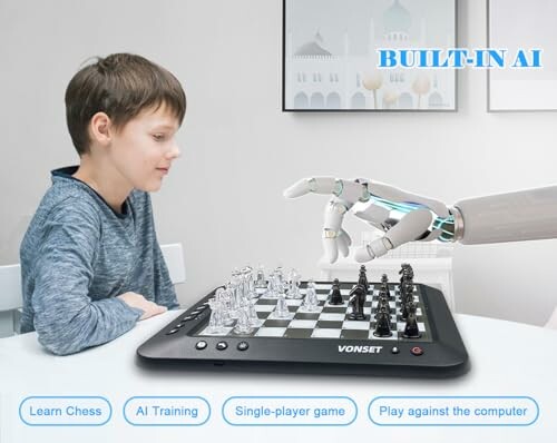 Boy playing chess against a robotic arm