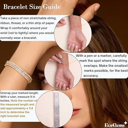 Steps to measure wrist for bracelet size using string and ruler.