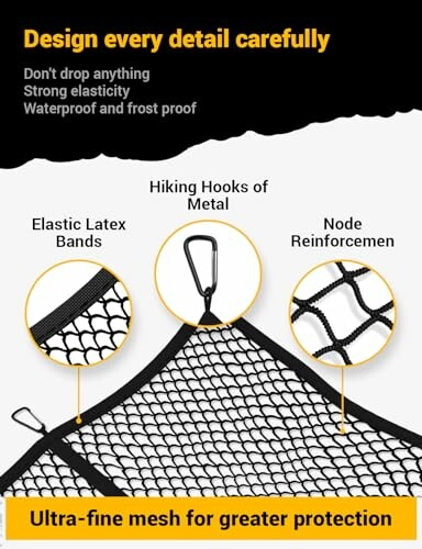 Car cargo net with elastic bands and metal hooks, emphasizing durability and protection.