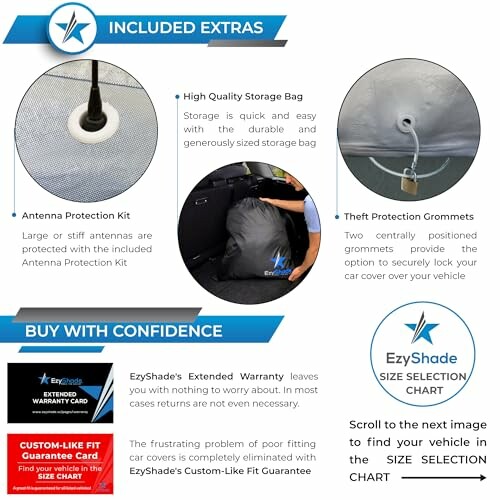 Car cover features including storage bag, protection kits, and warranty details.