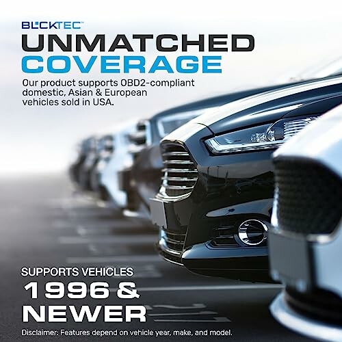Cars lined up with text about unmatched OBD2 coverage for vehicles from 1996 and newer.