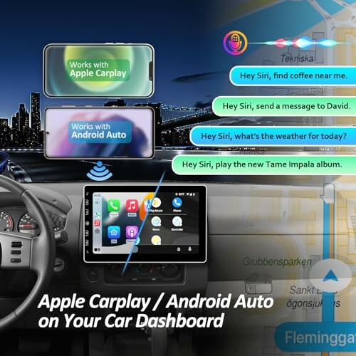 Car dashboard with Apple CarPlay and Android Auto features.
