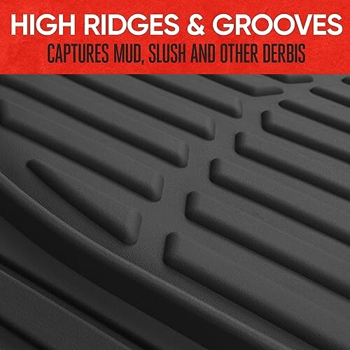 Close-up of car floor mat with high ridges and grooves for capturing debris.