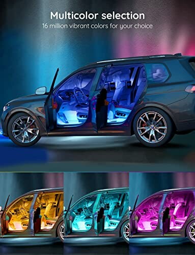 Car interior with multicolor lighting displaying vibrant colors.