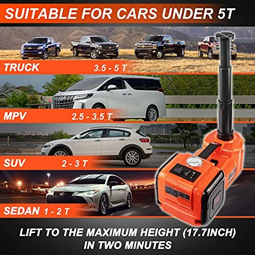 Various car types with weight limits for a car jack, including truck, MPV, SUV, and sedan.
