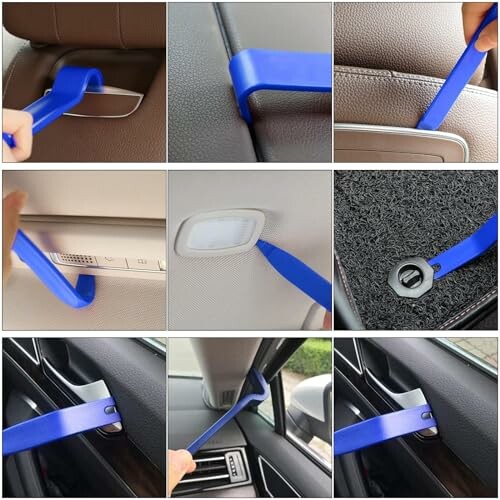 Blue plastic car panel removal tools in use on various car parts.