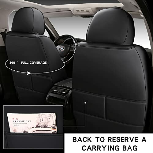 Black leather car seat covers with full coverage and a carrying bag.