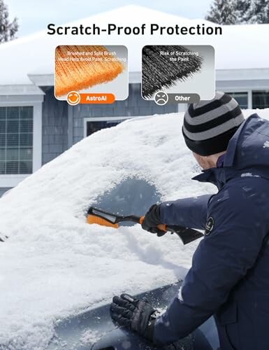 Person clearing snow from car windshield with a brush