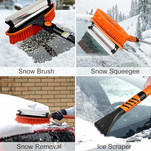 Various tools for snow removal from cars, including a snow brush, squeegee, and ice scraper.