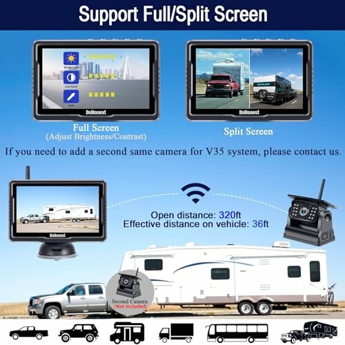 Diagram showing full and split screen support for vehicle camera system with distance specifications.