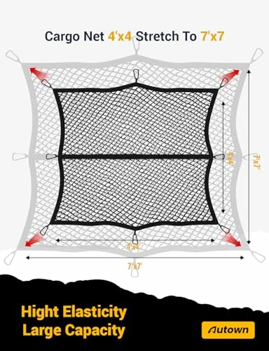 Cargo net with high elasticity and large capacity, stretches from 4x4 to 7x7.
